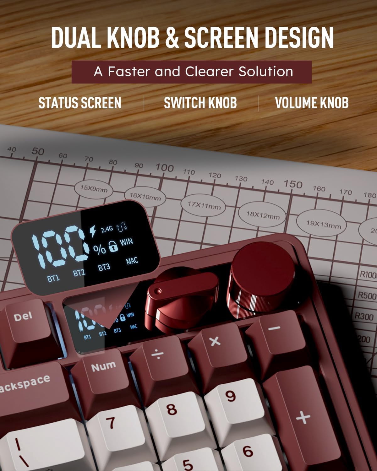 RK ROYAL KLUDGE M100 Tri-Mode Wireless Mechanical Keyboard with Screen, Dual Knobs, Gasket Mount, RGB Backlit, Hot-Swappable Cream Switches, Full-Size with Number Pad, Dark Red
