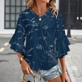 thumbnail image 3 of Navy Paisley Floral Design Women's V-Neck Blouse With 3/4 Ruffled Bell Sleeves Casual Top Ladies Blouses, 3 of 7