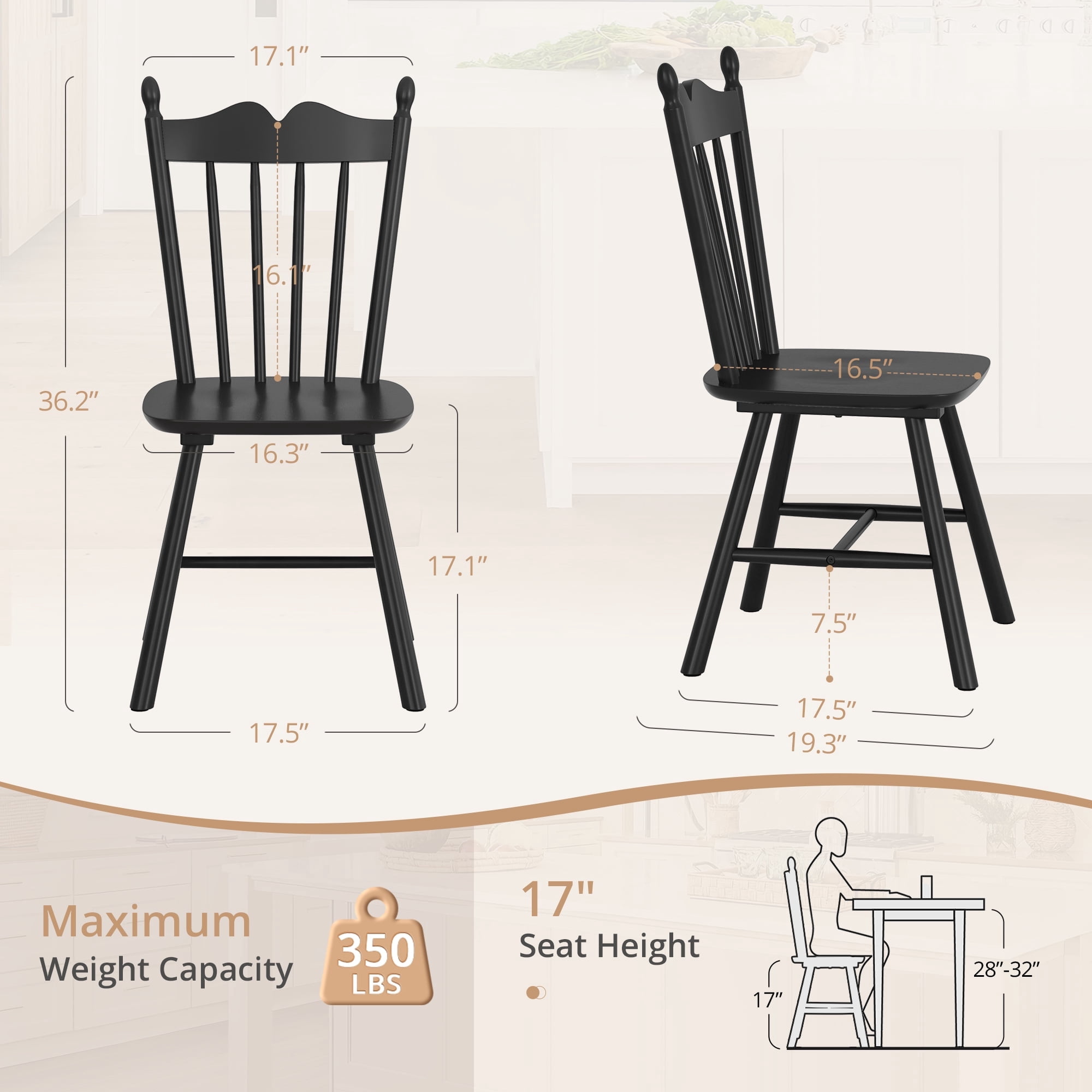 Dycanpo Dining Chairs Set of 4, Windsor Wooden Dining Chair with Thickened Backrest for Kitchen, Black
