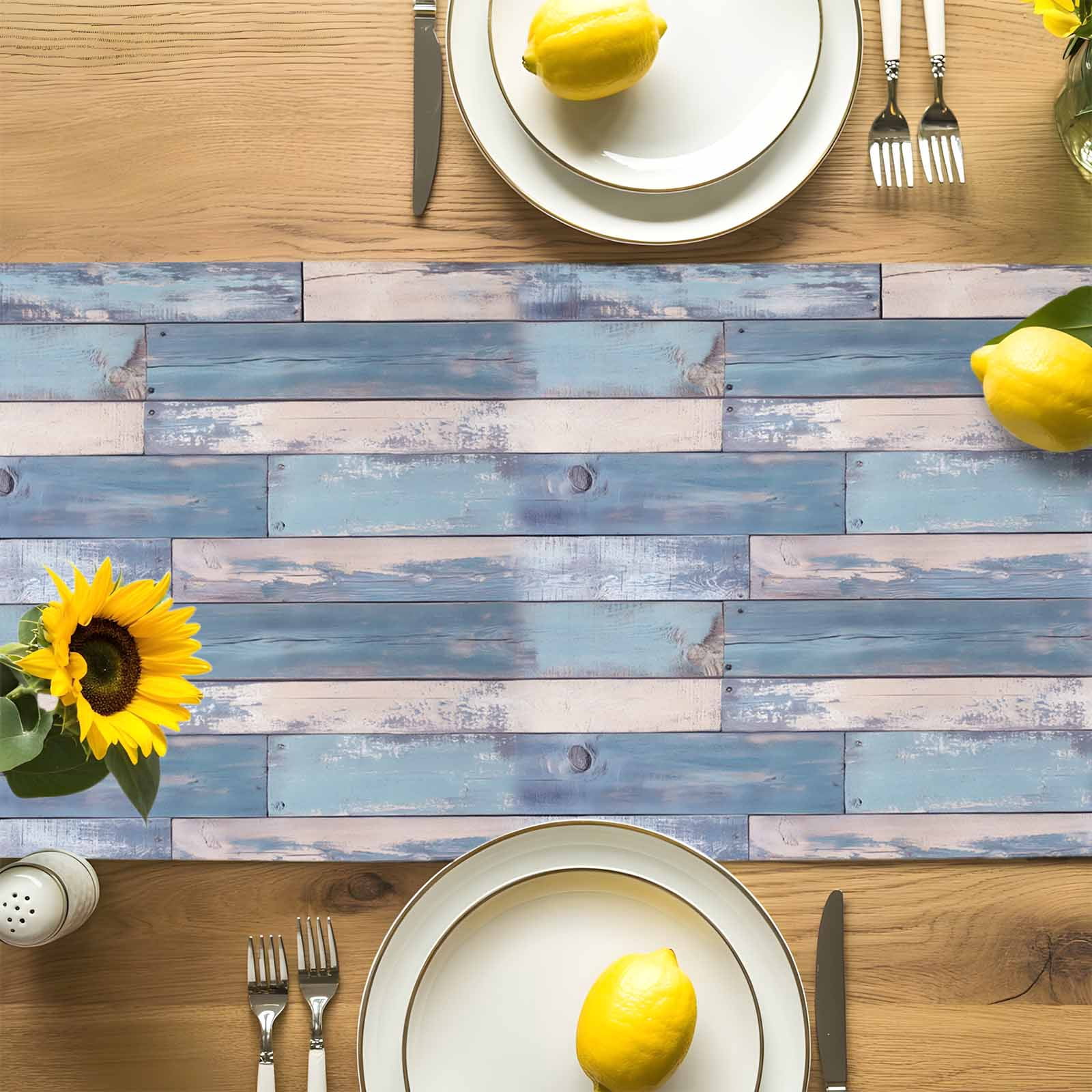 Blue Vintage Wood Grain Table Runner 90 Inches Long, Abstract Farmhouse Wooden Table Runners Tabletop Scarf Kitchen Dining Tables Decoration for Home Party Indoor Outdoor