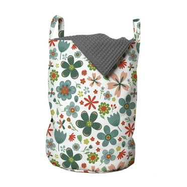 Spring Laundry Bag, Childish Pattern with Folk Flowers, Hamper Basket with Handles Drawstring Closure for Laundromats, 13" x 19", Teal Vermilion, by Ambesonne