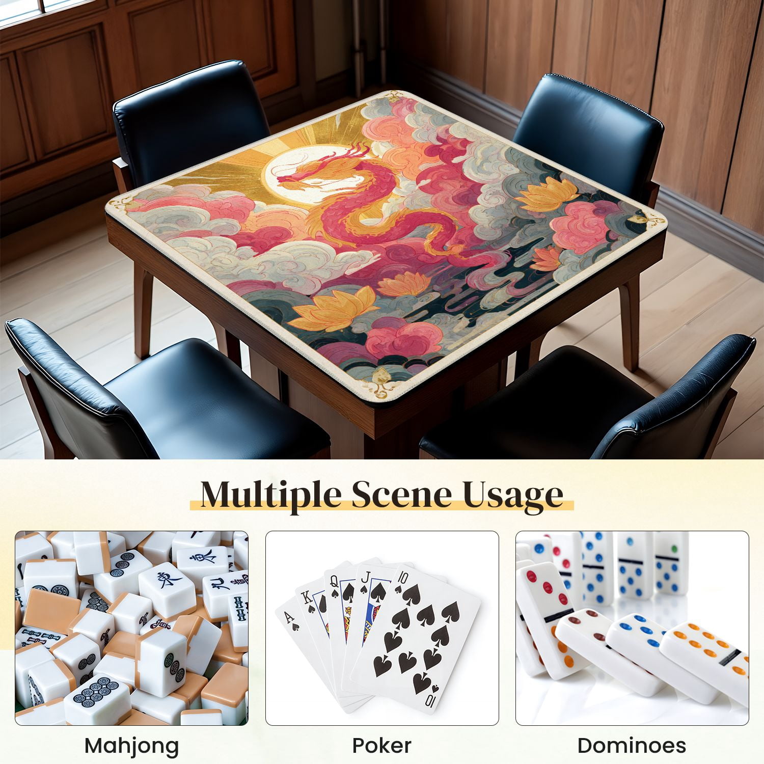 Chinoiserie Mahjong Mat 31.5" x 31.5" Magical Gold Pink Dragon Non-Slip Noise Reduction Mahjong Tiles Table Cover for Dominoes Poker Card Board and Tile Games