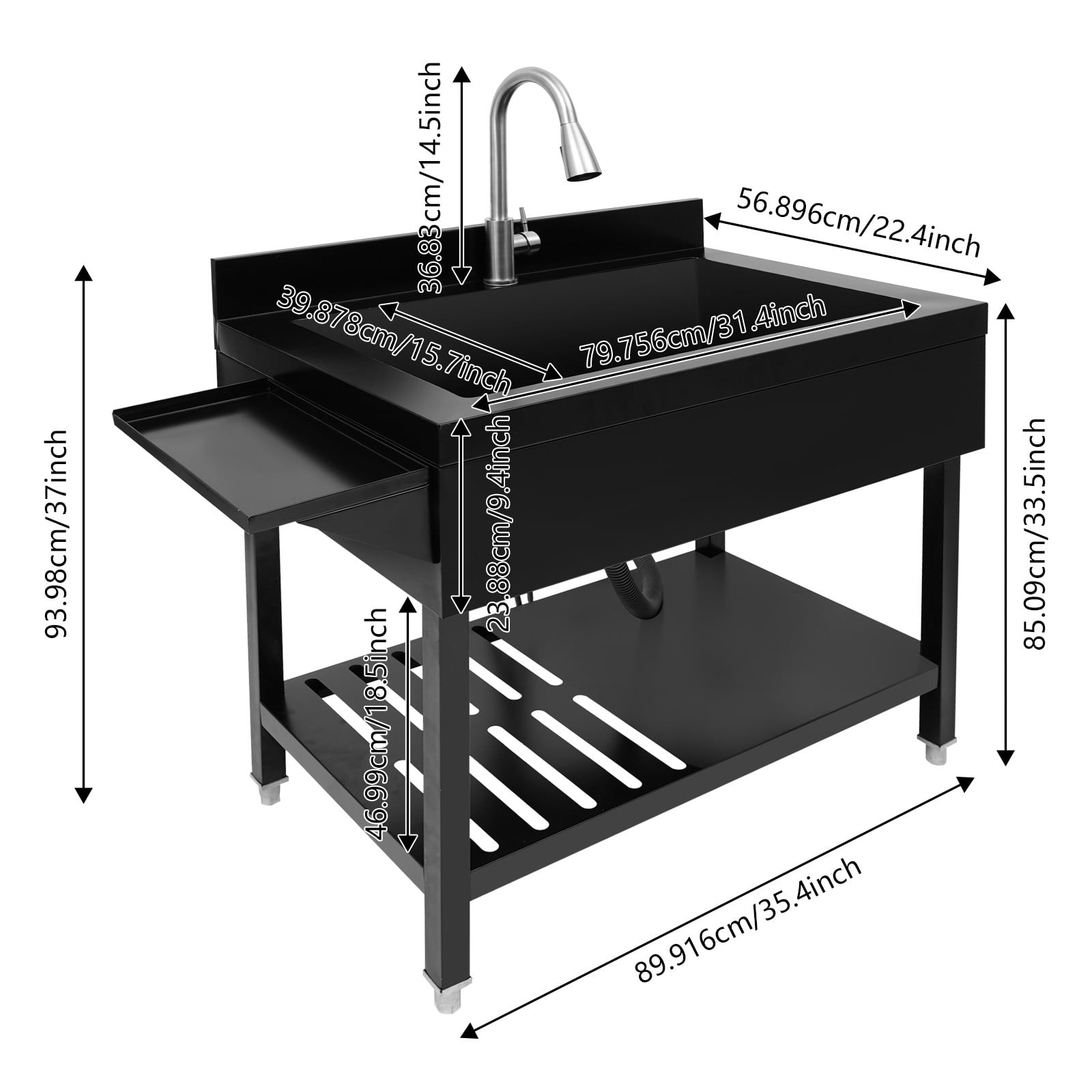 Black Stainless Steel Single Bowl Sink, 35.4" x 22.4" x 37" Commercial Kitchen Sink Freestanding Prep & Utility Sink with Cold and Hot Water Faucet for Kitchens, Bathrooms, Garage, Laundry Room