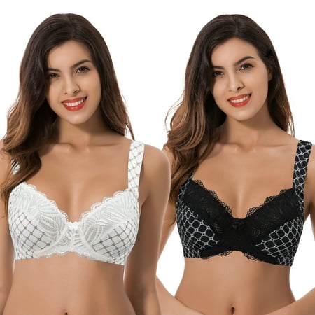 Curve Muse Women s Plus Size Unlined Underwire Lace Bra with Cushion Straps-Black/Print Cream/Print- Size:36C