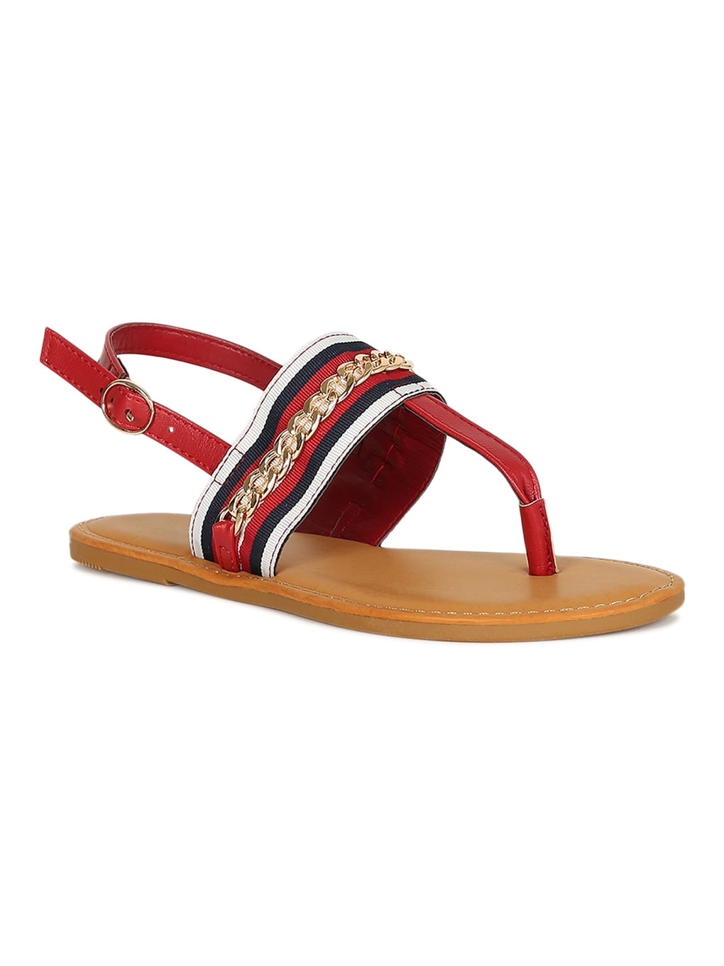 Women Curb Link Striped T-Strap Slingback Flat Sandal 18669 - Walmart.com