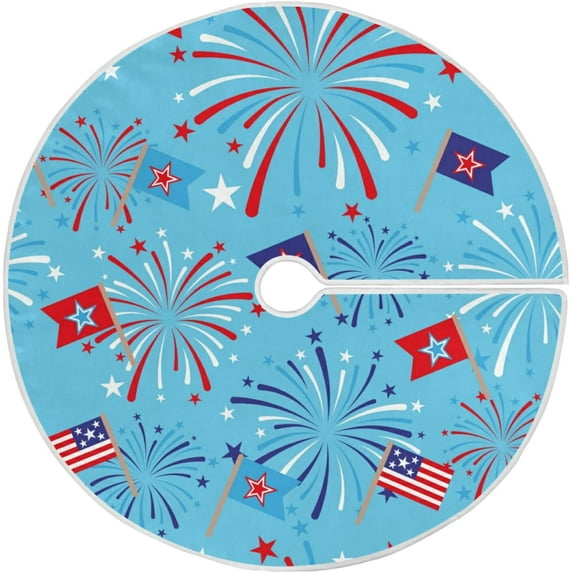 FMSHPON 4th of July Patriotic Fourth of July Fireworks Flag on Blue Xmas Christmas Tree Skirt Stand Mat for Holiday Party Decoration Indoor Outdoor 36 inches