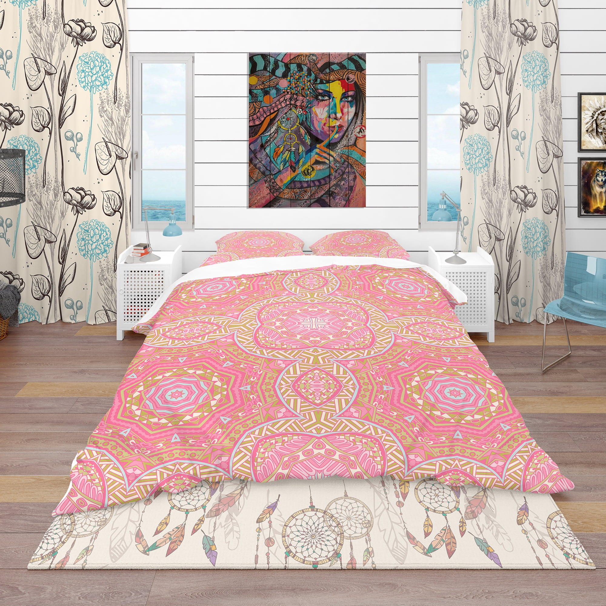 Designart 'Pink and Green Star Mandala' Bohemian & Eclectic Duvet Cover Set