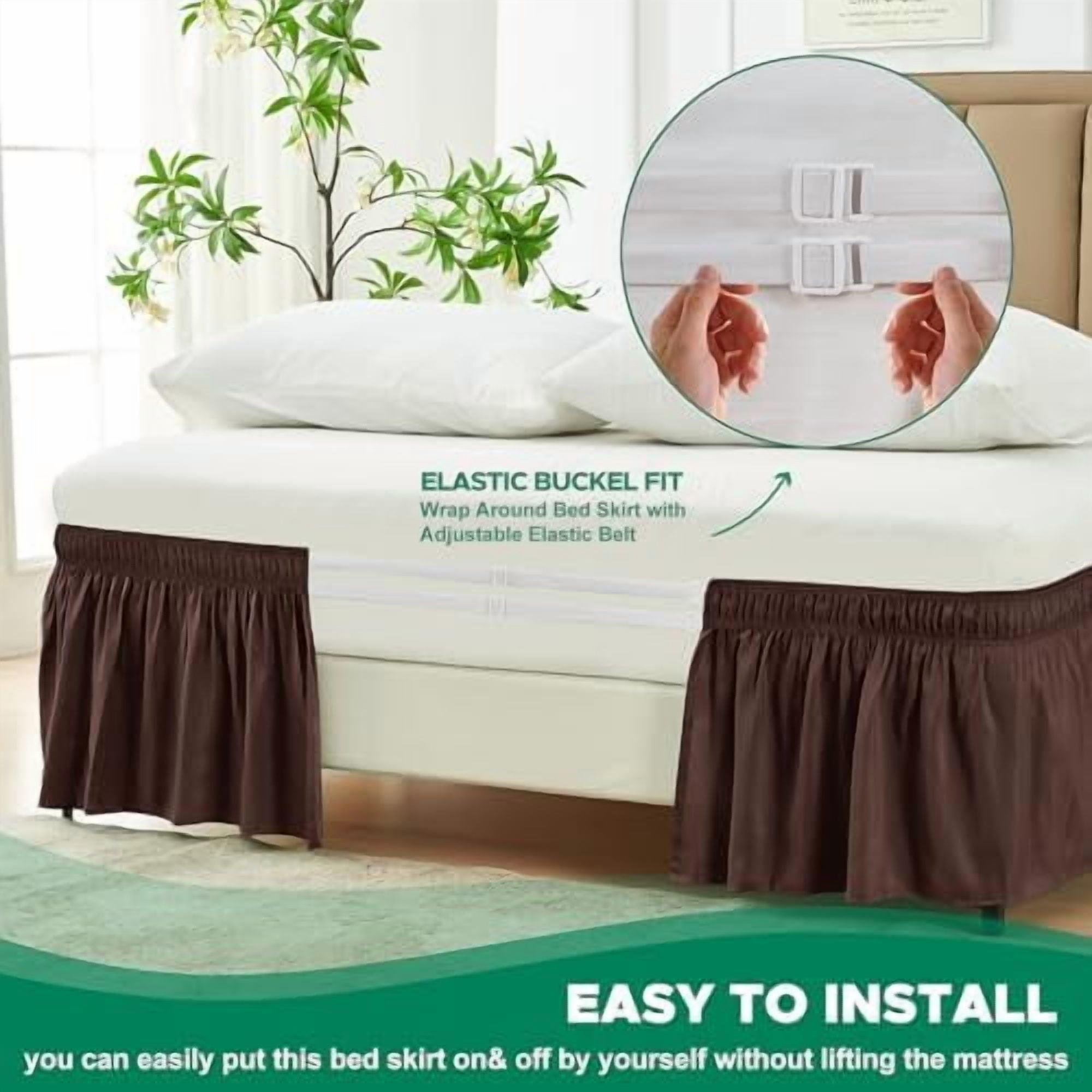 Wrap Around Bed Skirts for Queen Beds 15" Drop, Brown Adjustable Elastic Dust Ruffles Easy Fit Wrinkle & Fade Resistant Silky Luxurious Fabric Machine Washable