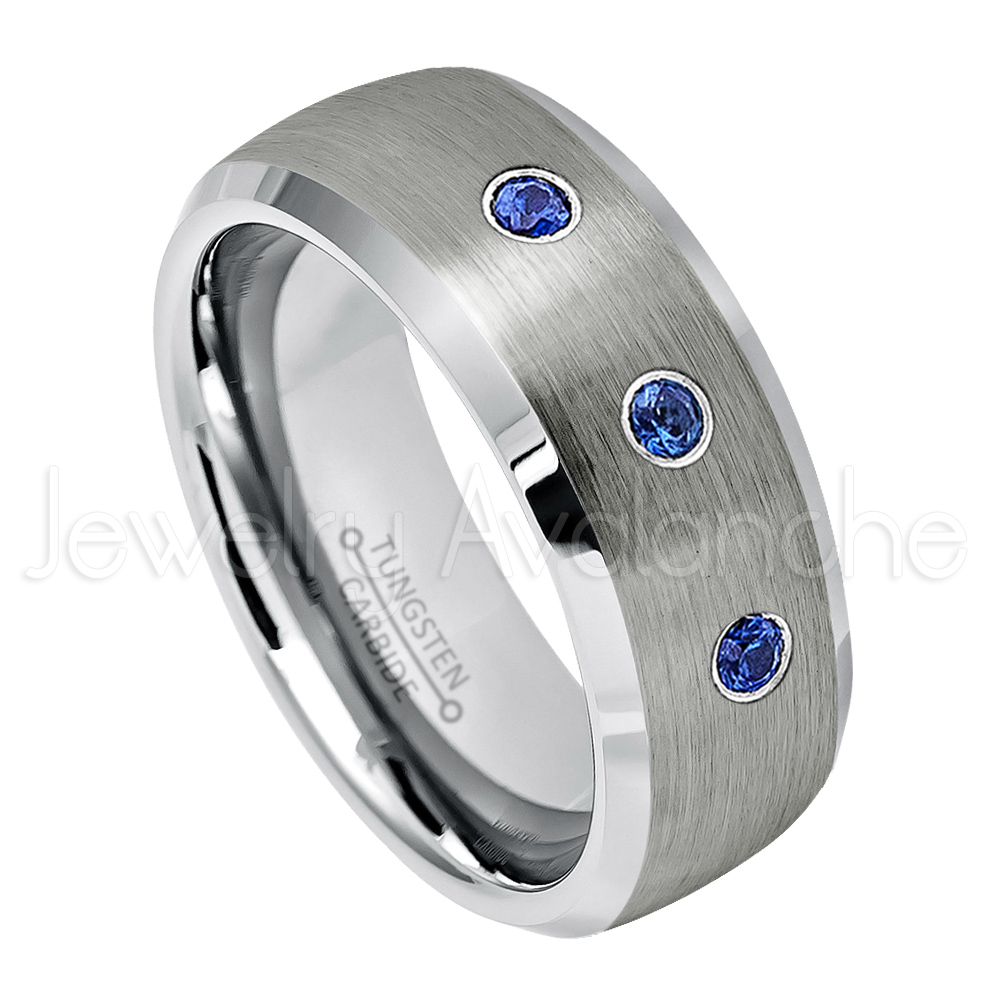 Tungsten Wedding Band Men/'s 8MM Beveled Edge 0.21ct Blue Sapphire Brushed Tungsten Ring JDTR635 Custom Engraved Personalized Ring