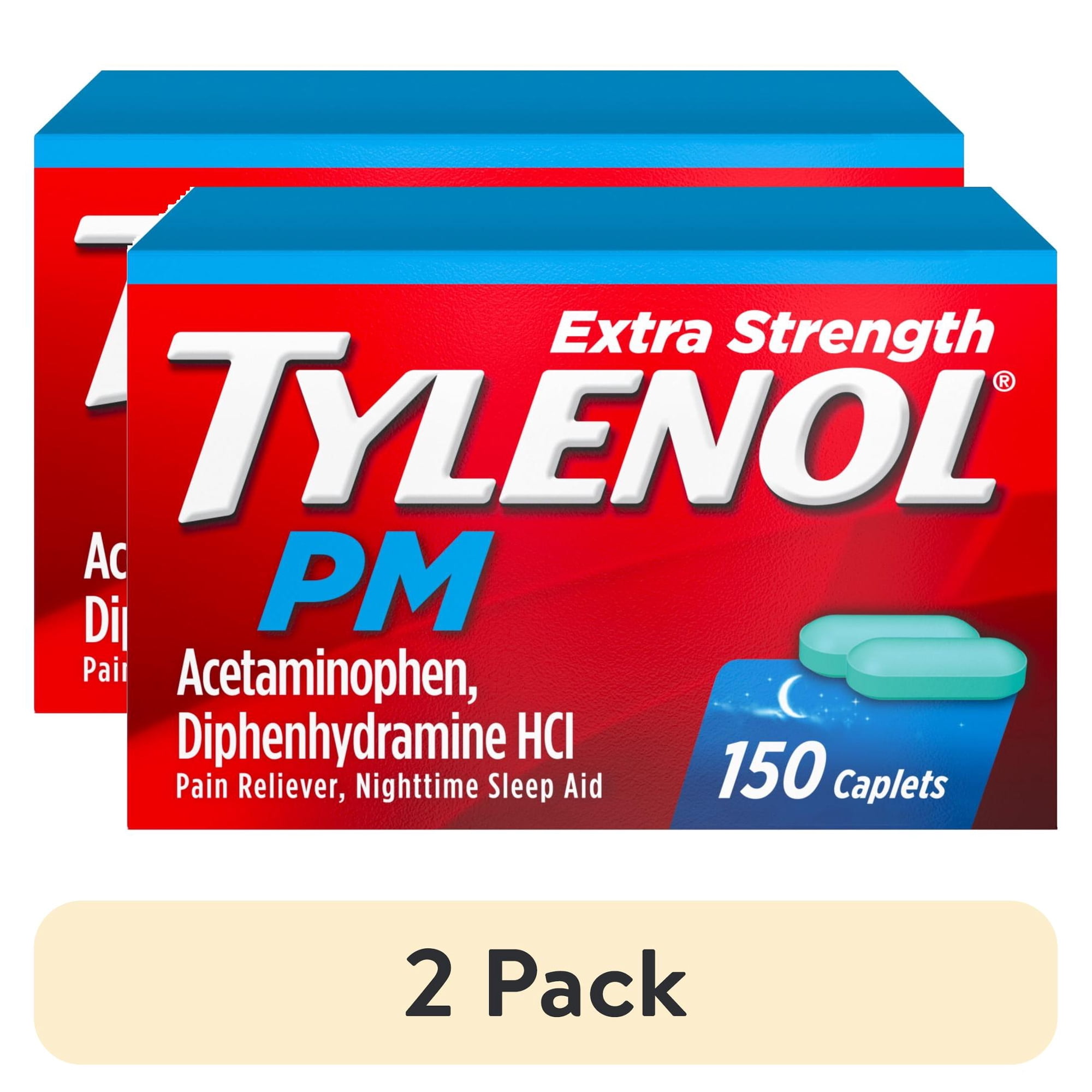 (2 pack) Tylenol PM Extra Strength Nighttime Pain Relief and Sleep Aid Caplets, Fast, Strong, 150 Count