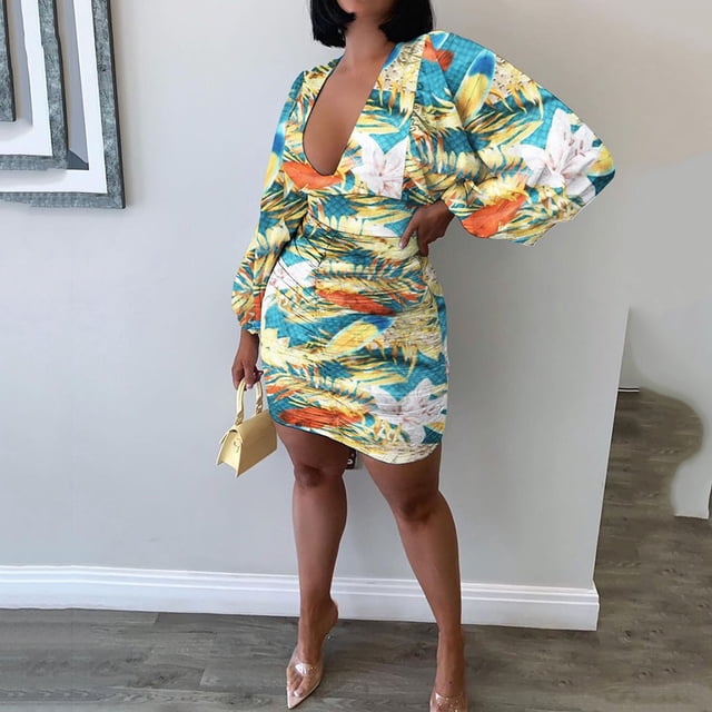 mtvxesu Robes pour Femmes Grande Taille, Robe à Col en V Imprimée Décontractée Mode Aguichant Moulante à Manches Longues Robes en Denim
