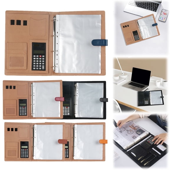 CoreLiving Leather Portfolio Binder Business Document Organizer with Calculator, Notepad and Business Card Holder for Professionals, All-in-One Padfolio, Blue