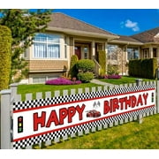 Lager Race Car Happy Birthday Banner, Red Racing Themed Party Supplies Decorations, Let's Go Racing Checkered Flag, Backdrop Background Table Cover (9.8 x 1.6 feet)