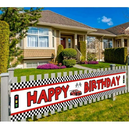 Lager Race Car Happy Birthday Banner, Red Racing Themed Party Supplies Decorations, Let's Go Racing Checkered Flag, Backdrop Background Table Cover (9.8 x 1.6 feet)
