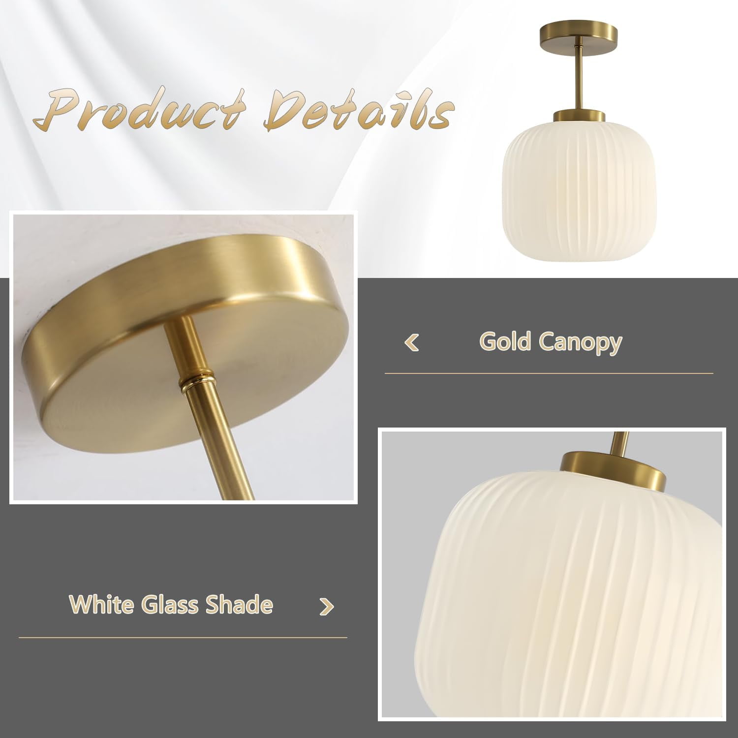 KCO Lighting Ribbed Milk Glass Flush Mount Light Gold and White Ceiling Lamp Brass Kitchen Lighting