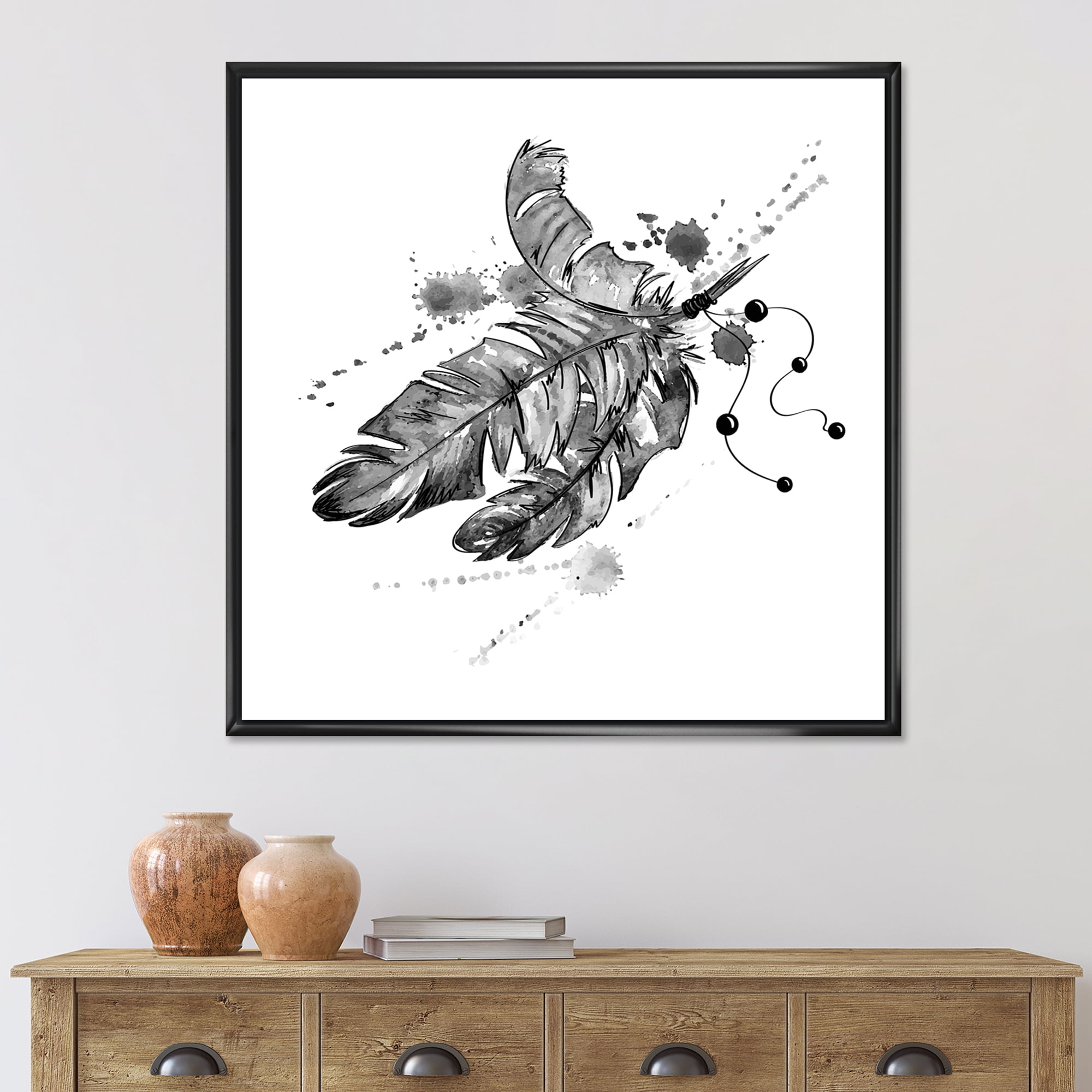 Designart 'Black and White Feathers Impression' Traditional Framed Canvas Wall Art Print