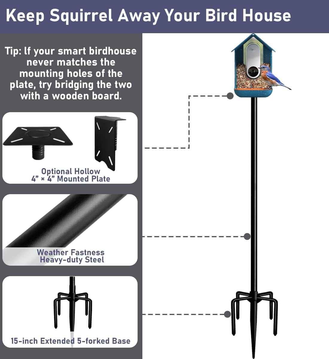 105 Inch Smart Bird Feeder Pole with 5-Prong Base, Adjustable Bird House Pole Mount Kit for Outdoors, Heavy Duty Bird Feeder Stand for Wild Birds Watching, Black