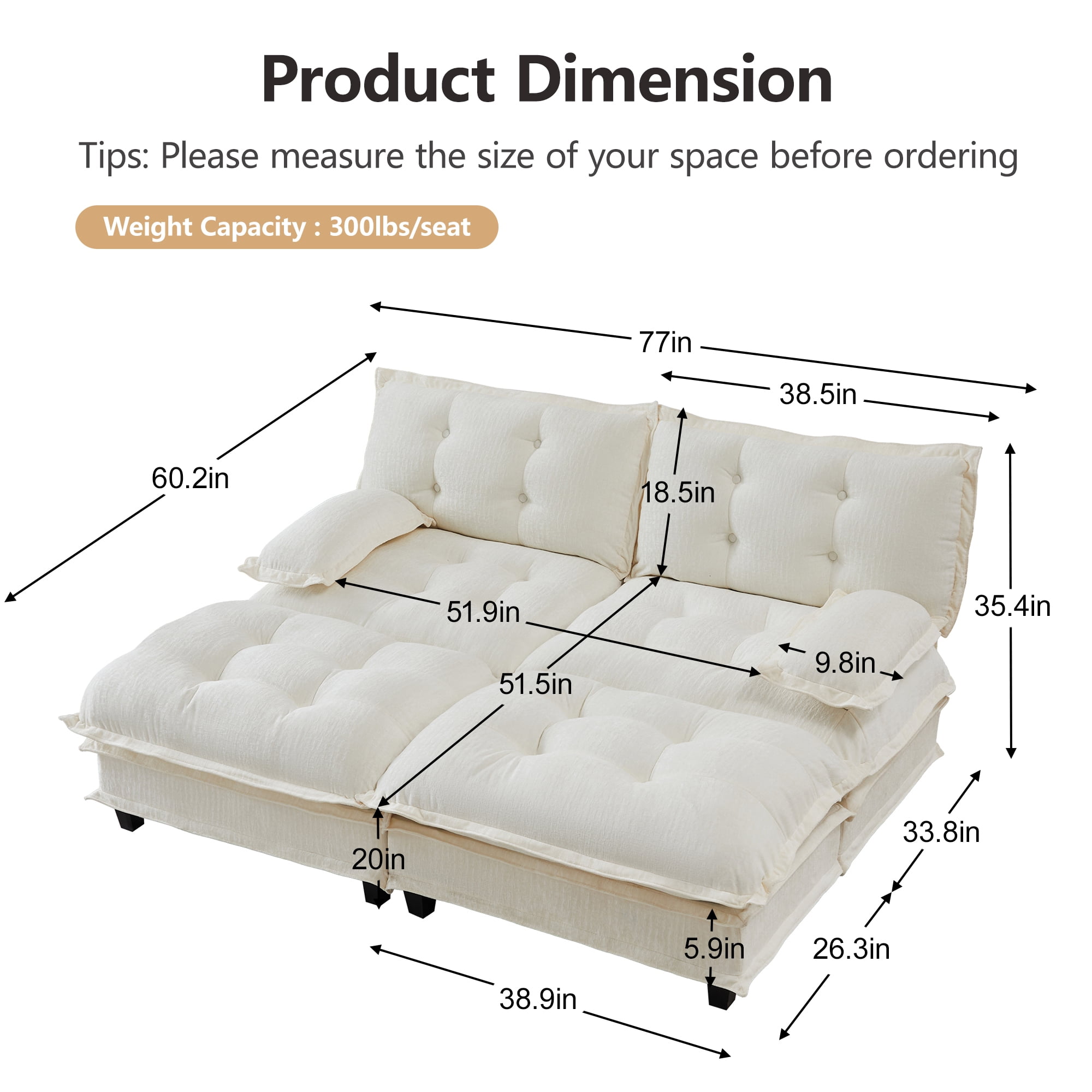 AISWORD 77" Sleeper Modular Sectional Cloud Sofa with 2 Ottomans, Chenille Fabric Deep Seat Couch with Lattice Decored Cushions