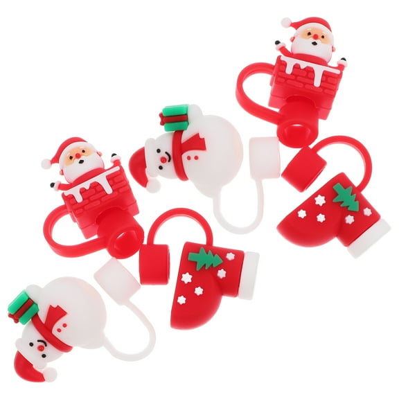 6 Pcs Christmas Silicone Straw Cover Holiday Toppers Drink Tips