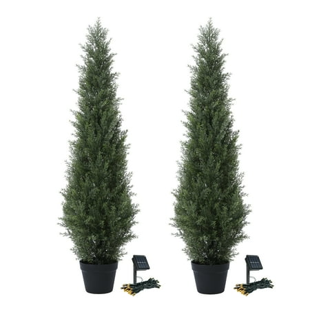 2 Pack 4ft Artificial Cedar Topiary Trees for Outdoors, Fake Cypress Plants with Solar Light String, Faux uv resistant Plants for Home Front Porch Decor, Housewarming Gift