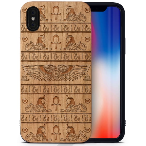 Case Yard Wooden Case Outside Soft TPU Silicone, Slim Fit Shockproof Wood Protective Phone Cover for Girls Boys Men and Women, Supports Wireless Charging Pharaoh Pattern Design case for iPhone-X