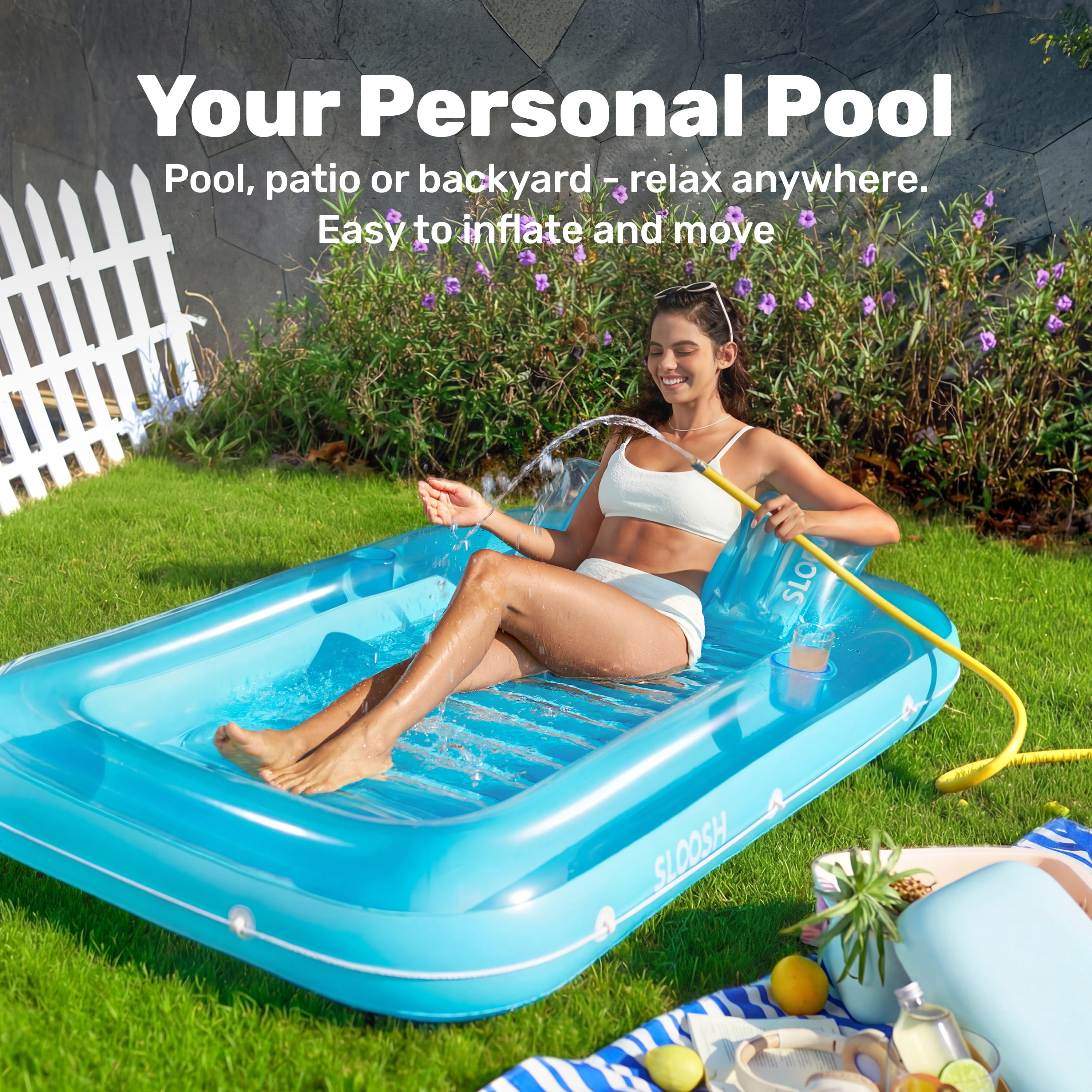 SLOOSH Inflatable Tanning Pool Lounger Float, 70" x 46" Large Suntan Tub with Pillow, Water Raft Float For Kids & Adults, L-Blue