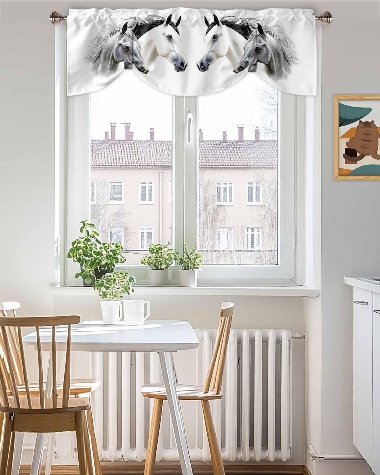 Horse Tie Up Valances Curtain, Watercolor Animal Kitchen Valances for Windows Decor, Rod Pocket Short Curtains Set for Bedroom/Bathroom, 60"x18"