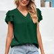 thumbnail image 2 of Blusa de manga con volantes Cuello en V Color puro Ajuste holgado Casual Mujer Top de manga corta para verano Verde XL, 2 of 6