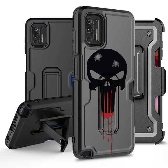 ANJ  Rugged Hybrid Shockproof Case w/Kickstand   Holster Clip Card Slot Cover for Motorola Moto G Stylus (2021 Release) - Battle Skull
