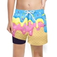 thumbnail image 2 of Rggeeun Boys Child Swimsuit Set Cute Ice Print Double Layer Trunks Elastic High Waist with Adjustable Tie Wide Leg for Summer Water Surfing Elegant Swim Wear,Pink,9-10 Years, 2 of 3