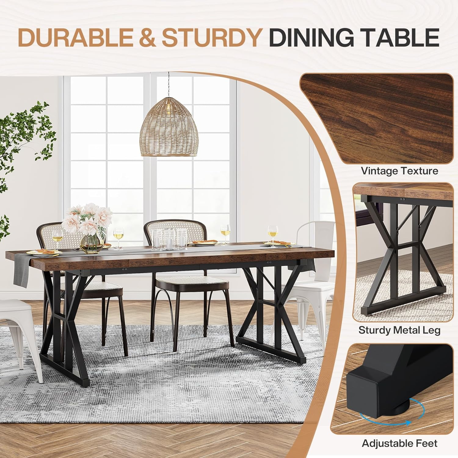 Finmind Farmhouse Dining Table for 6, 71" Rectangular Wood Kitchen Table for Dining Room, Kitchen(Brown/Black)