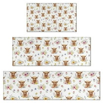 White Highland Cow Flower Pattern Kitchen Rugs Sets Of 3,Kitchen Runner Rugs Non Skid Washable,Decorative Kitchen Floor Mats for Kitchen,Sink,Laundry,17"x30"  17"x47"   17"x59"