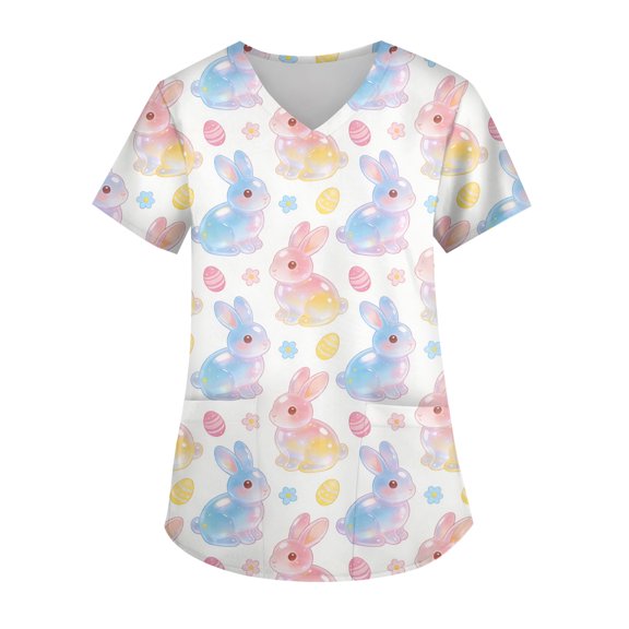 Easter Scrub Shirts for Women Short Sleeve V-Neck Bunny Eggs Printed T Shirt Dressy Loose Fit Nursing Uniforms Tunic Tops with Pocket, #01 White, S