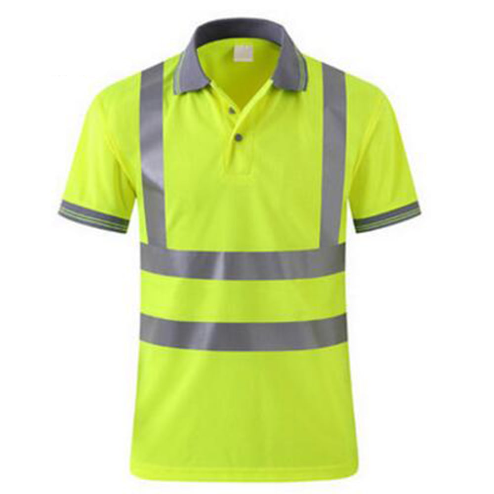 Neon Yellow 2XL High Visibility Reflective Safety Short Sleeve Polo Shirt Custom Your Logo Hi Vis Work-wear Shirt Reflective Stripes Yellow