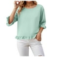 thumbnail image 4 of yueewhu Womens 3/4 Length Sleeve Tops Loose Fit Casual Crew Neck Shirts Ruffle Tunic Blouses (Green, XL), 4 of 7