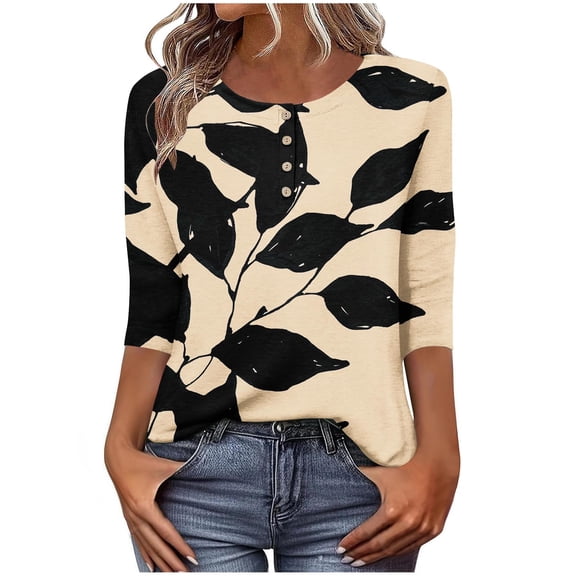 Staron Women's Casual Button-Down Blouse Printed Round Neck 3/4 Sleeve Loose T-Shirt Top, Beige M