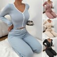 thumbnail image 2 of Quixlent Womens Lace Trim Ribbed Knit Pajamas Set Long Sleeve Crop Top Wide Leg Pants Lounge Set 2 Piece Pjs Sleepwear, 2 of 8