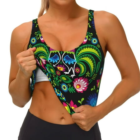 Qokaie Roosters and Flowers Pattern Womens Scoop Neck Sports Bra Breathable Workout Vest Padded U Back Medium Impact Fitness Gym Yoga Bra Workout Crop Top