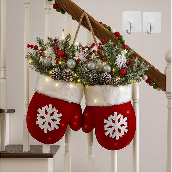 2026 Twinkling Christmas Mitten Wreath with 120 LED Lights, 16" Holiday Front Door Wreath with Red Berries & Frosted Pine Cones, Artificial Mitten Garland for Home Wall Party Decoration