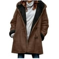 thumbnail image 2 of Womens Fleece Jacket Sherpa Lined Winter Coats Suede Leather Winter Warm Sherpa Lined Coats Jackets for Women Plus Size Hooded Parka Faux Suede Long Pea Coat Outerwear, 2 of 4