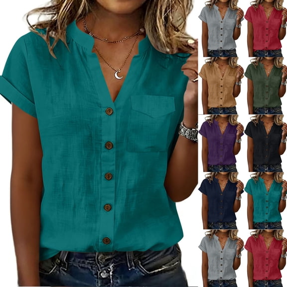 Hvogkswy Button Down Shirts for Women Cotton Linen Casual Short Sleeve Shirts with Pocket Solid Mock Neck Loose Thin Summer Shirts