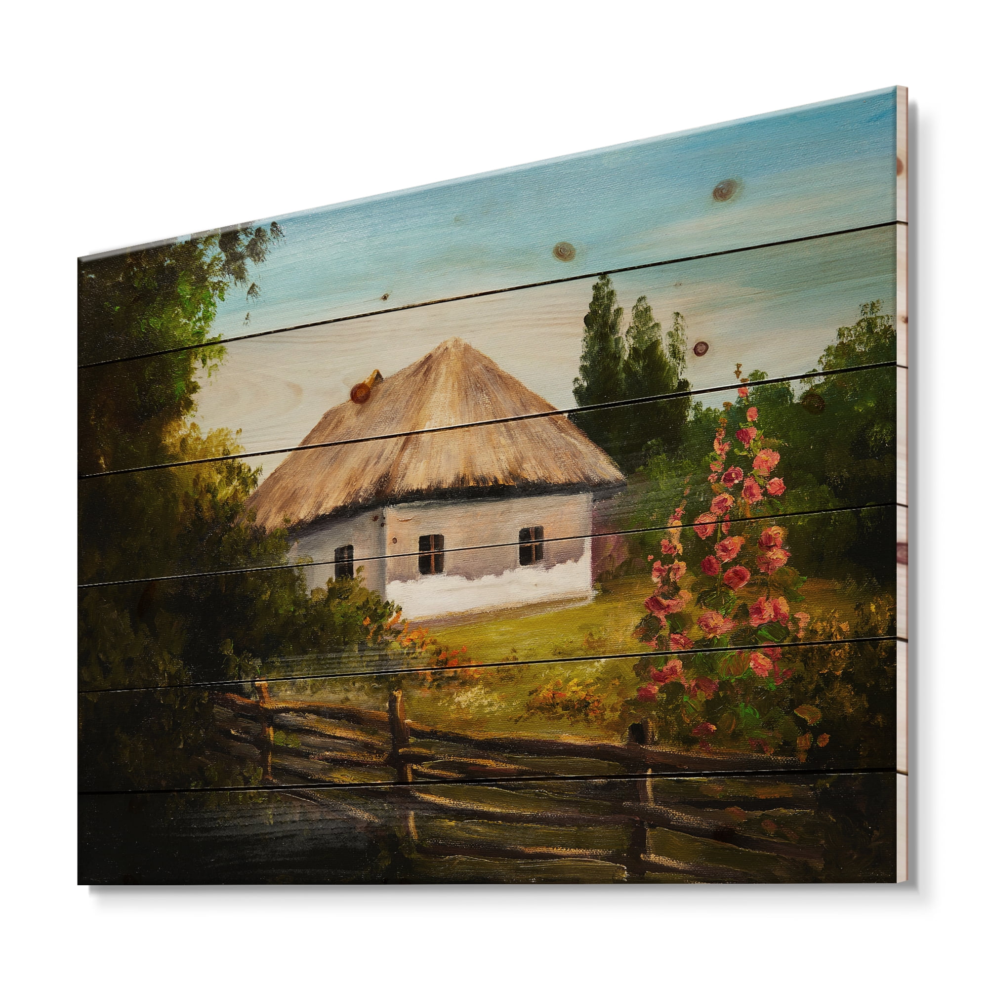 Designart 'House With Blossoming Flowers On The Mountain II' Traditional Print on Natural Pine Wood
