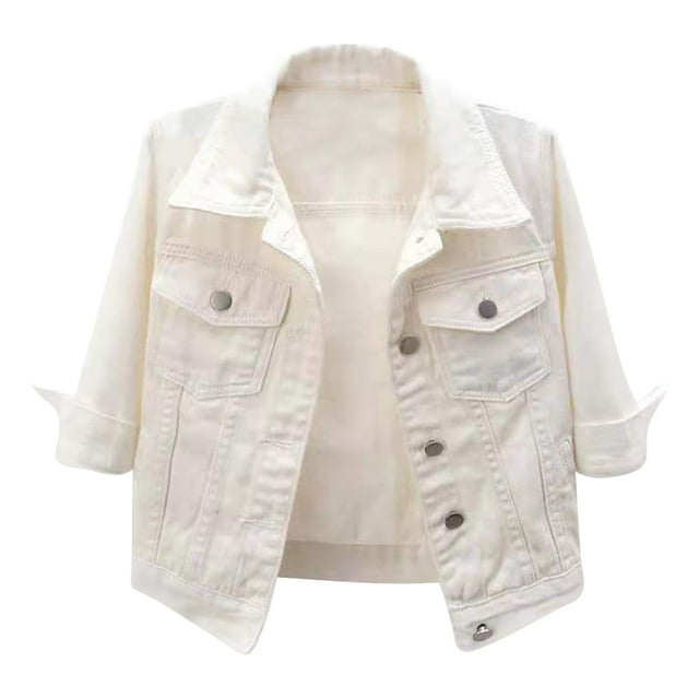 Hansber Women's 3/4 Sleeve Denim Jacket Coat Basic Button Down Stretch Jacket with Pockets White XL