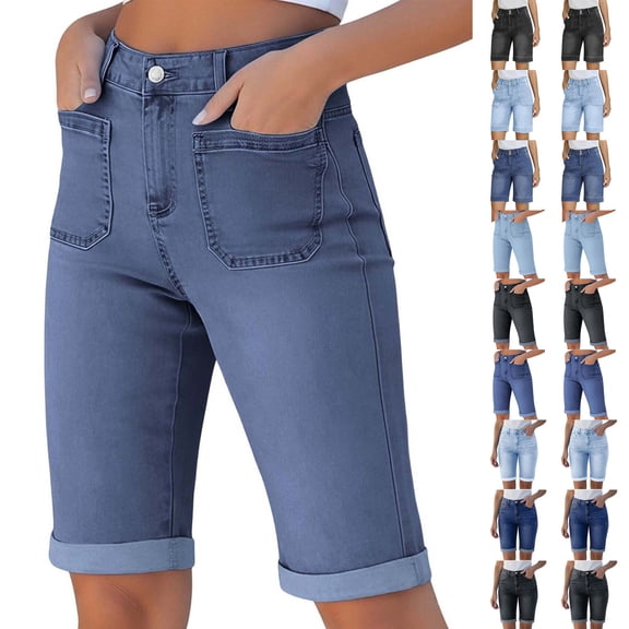 Frostluinai Women's Jean Shorts High Waisted Stretchy Bermuda Folded Hem Denim Summer Shorts Casual Washed Knee Length Rolled Denim Shorts with Pocket