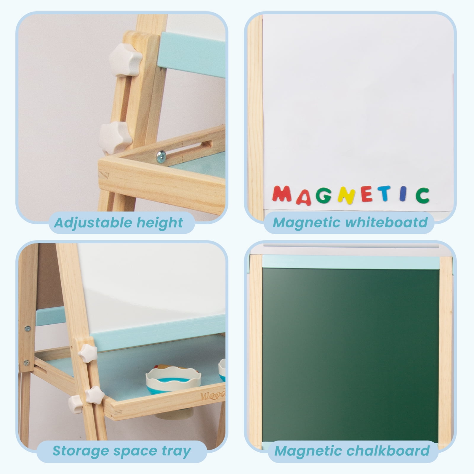 Kids Wooden Easel with Paper Roll, Adjustable Magnetic Double Sided Drawing Board Whiteboard & Chalkboard Dry Easel Board, Children Art Easel for 3-12 Years Kids Boys Girls Painting Drawing