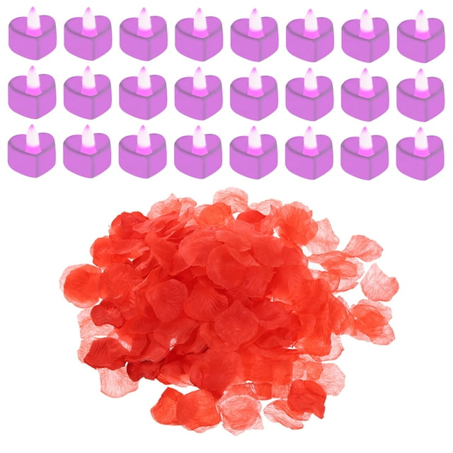 Unique Bargains Bougies LED en Forme de Cœur Sans Flamme, Lumière de Thé LED Rose avec Pétales de Rose Rouges Artificiels, Lot de 24