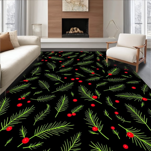 ODIKA 4'x6' Machine Washable Non-Slip Area Rug, Holly Branch Festive Doorway Welcome High Traffic Rug, Green, 623656