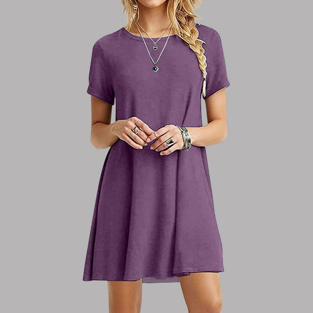 DPTALR Robe Mini Décontractée pour Femmes à Manches Courtes, Unie, Col Rond, Coupe Ample