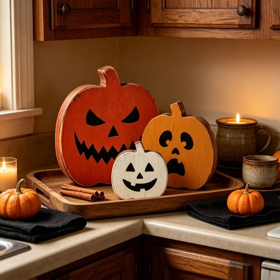 Gqtwoy Wooden Pumpkin Tabletop Signs Halloween Decor, Rustic Fall Decorations, Tiered Tray Centerpiece, 3-Size Decorative Pumpkins, Farmhouse Style Home Accents