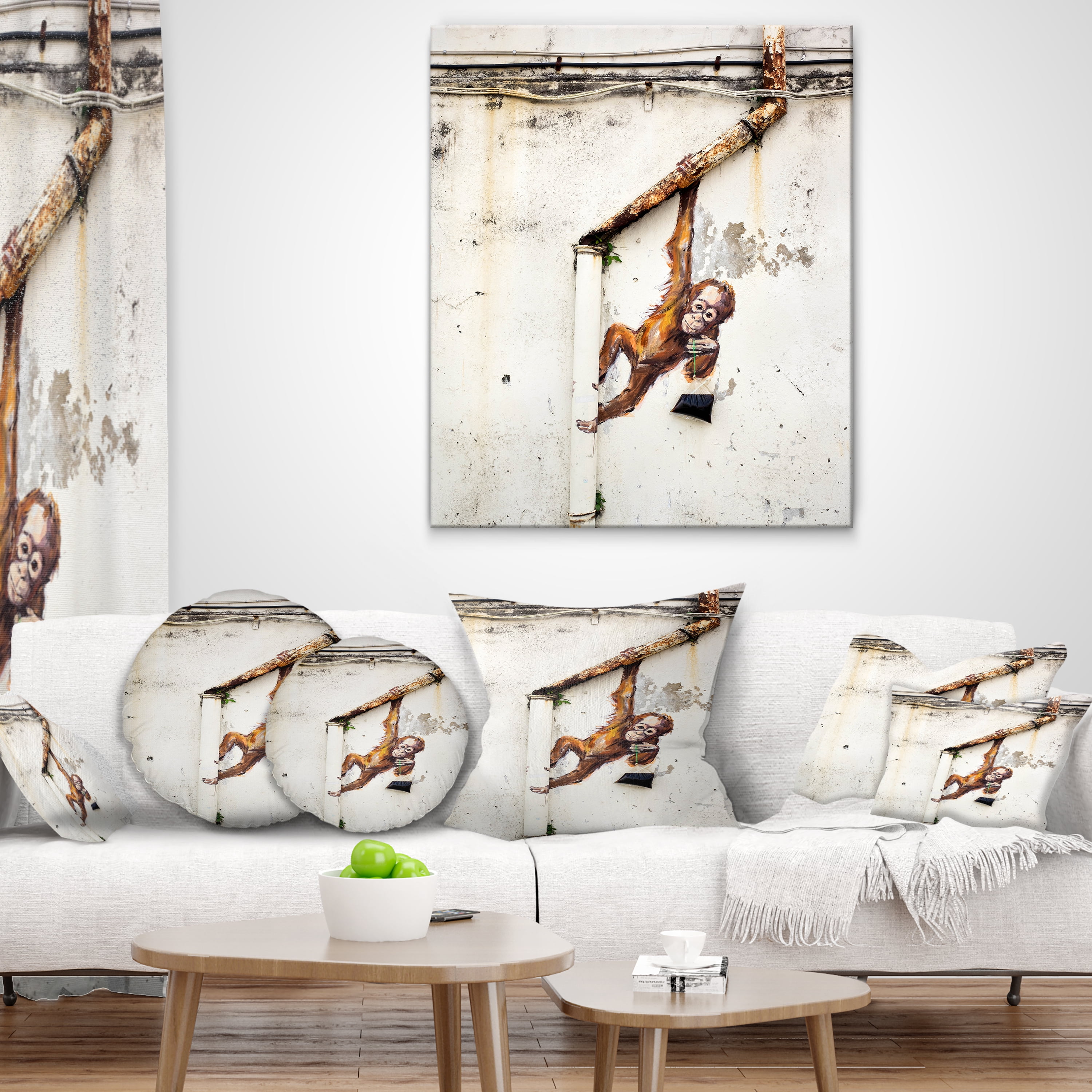 Designart Baby Orangutan Hanging from Pipe - Street Art Throw Pillow - 12x20